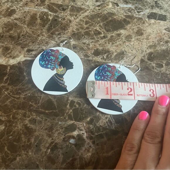 African Round Wooden Head Wrap Dangle Earrings - Picture 7 of 8